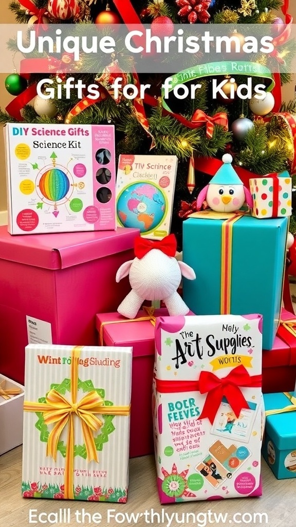 A collection of unique Christmas gifts for kids under a Christmas tree.